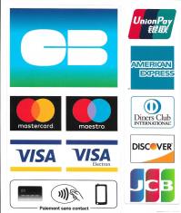 CB, Visa, Mastercard, Amex, Union Pay, Diner Club, Discover